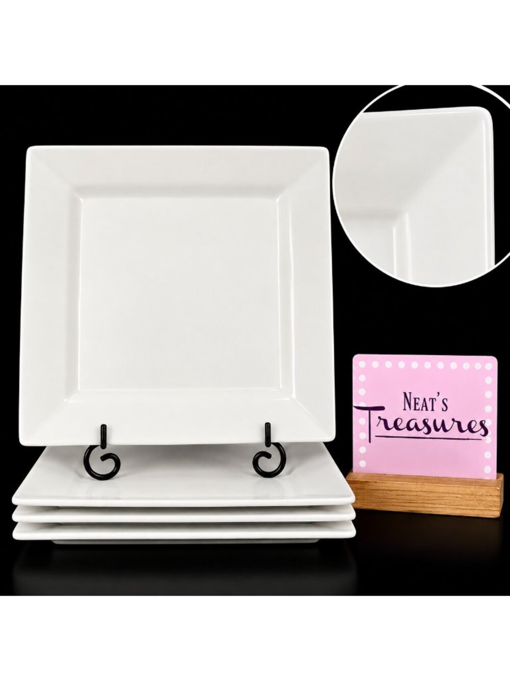 Dash of That WHITE WARE All Solid Porcelain Square Rim 10" Dinner Plates Set 4